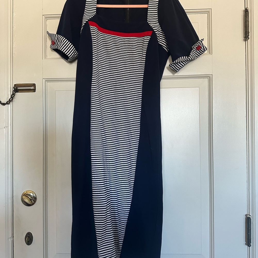 Bettie Page Blue and White Sheath Midi Dress with Cuffed Sleeves